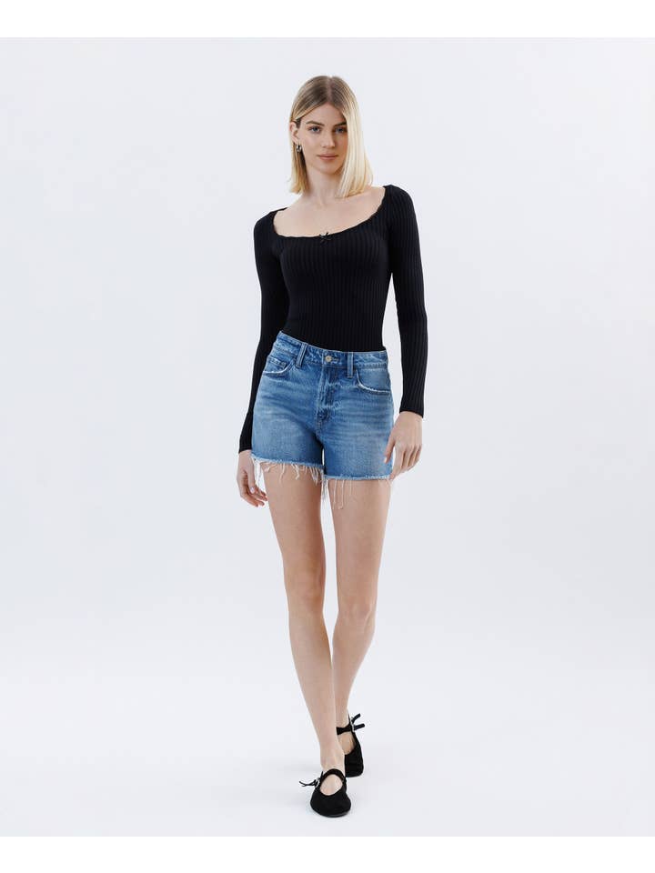 AMICABLY HIGH RISE RAW HEM DENIM SHORTS T6814 for wholesale on Faire