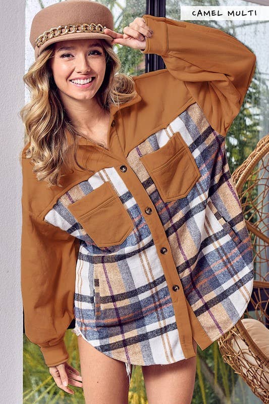 Vanilla Monkey - Wholesale Shirt Jacket/Shacket - Women's - Vintage Plaid Contrast Oversized Fleece Jacket0