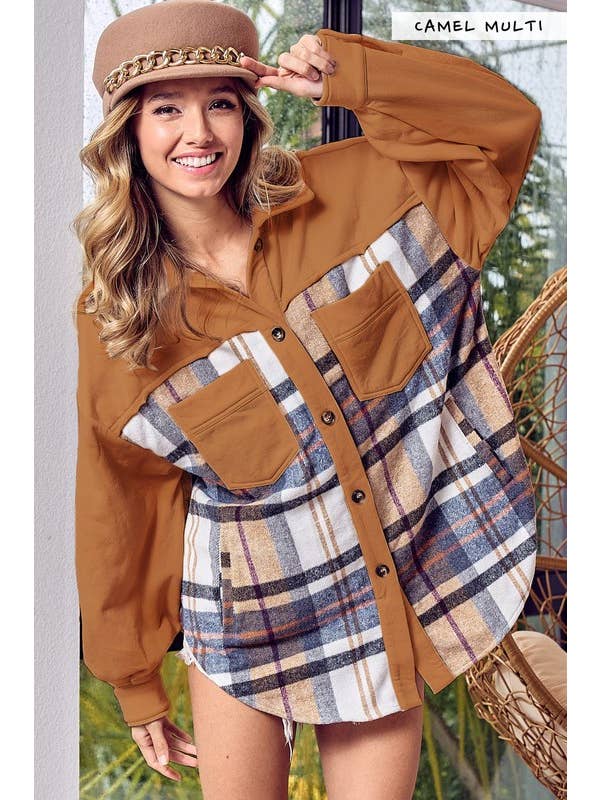 Vanilla Monkey - Wholesale Shirt Jacket/Shacket - Women's - Vintage Plaid Contrast Oversized Fleece Jacket