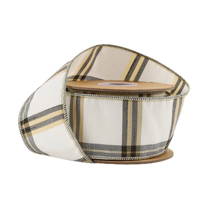 6,35 cm Drahtband | Elfenbein/Schwarz/Gold Karo | 9,14 Meter Rolle für den Großhandel von LA Ribbons Wholesale