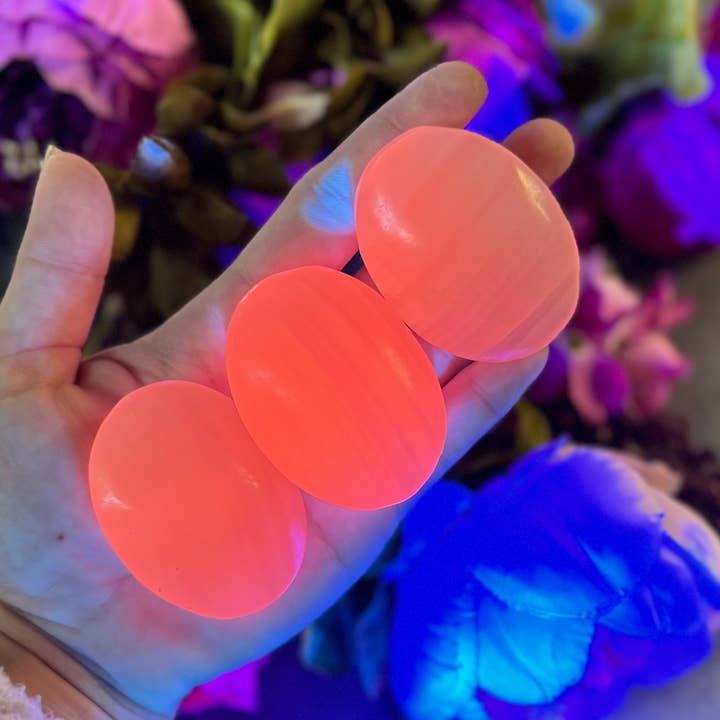 Pink Calcite Palm Stones, UV Reactive, Fluorescent Minerals for wholesale by Mandala Gems
