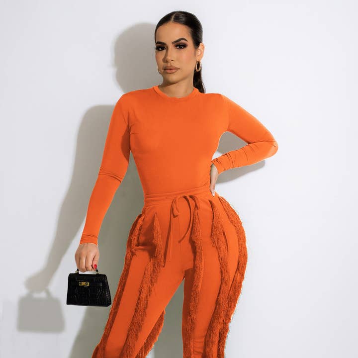Textured Fringe Two-Piece Set — Fitted Long-Sleeve Top & Statement Pants for wholesale by Serene Couture