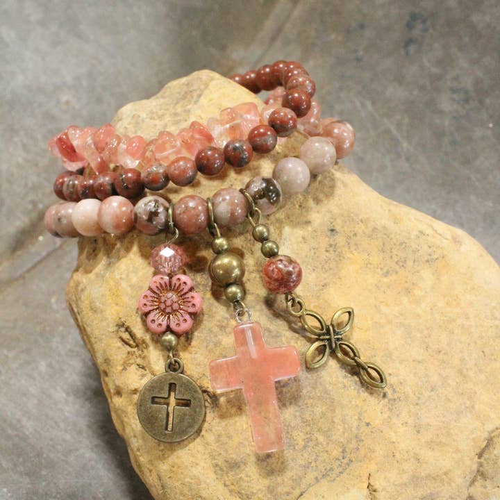 Stone, & Glass Cross Dangle Bracelet Set for wholesale by The Primitive Peddler, Inc.