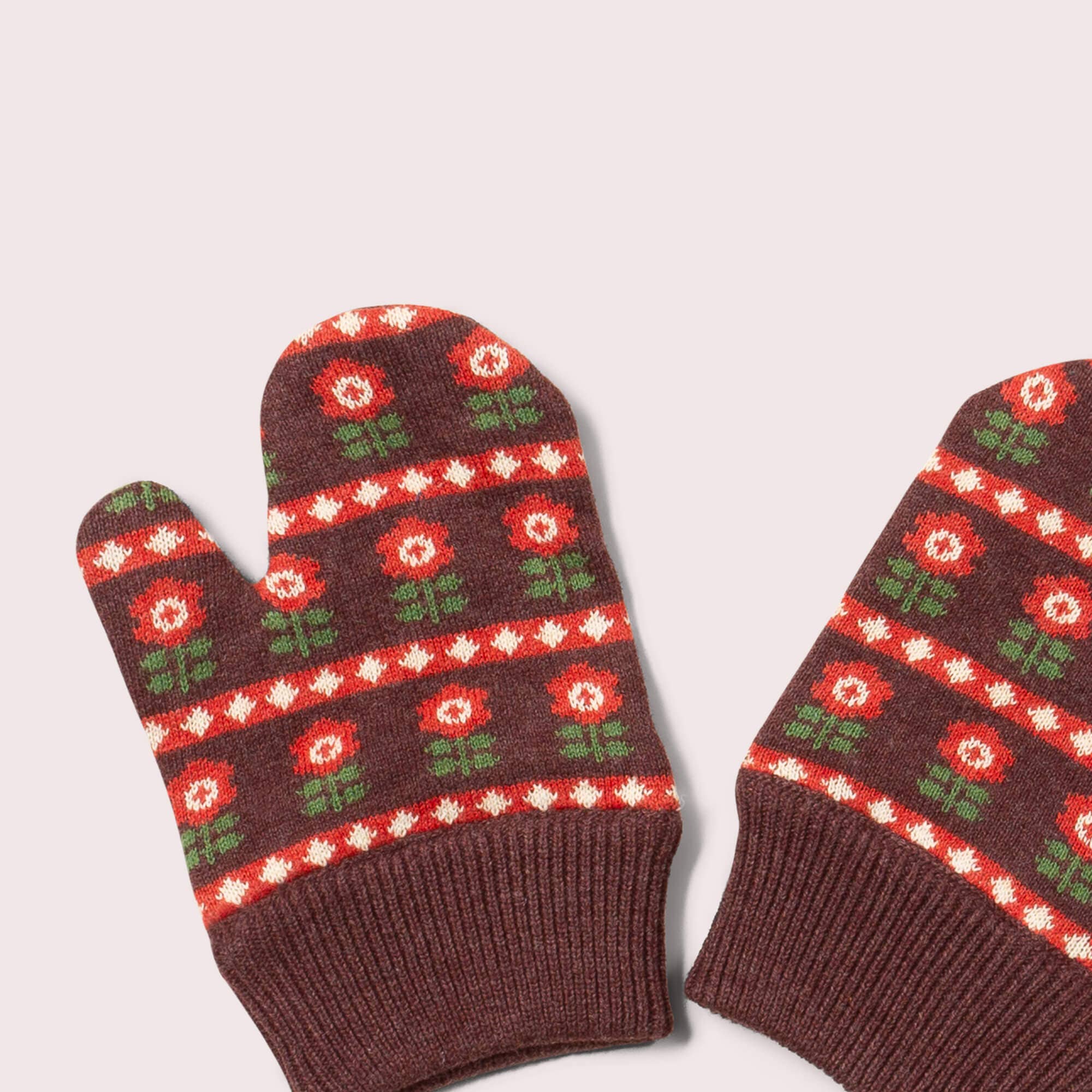 Brown Collecting Flowers Knitted Mittens for wholesale on Faire3