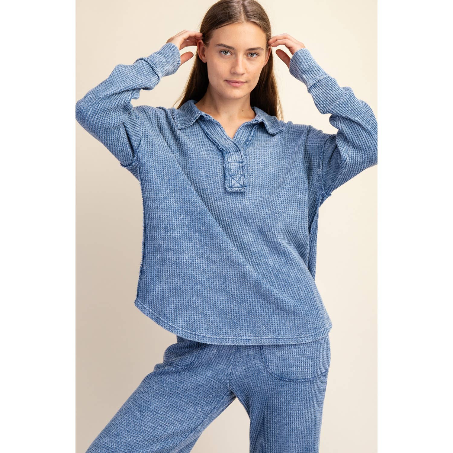 Rae Mode - Wholesale Athletic Top - Women's - MINERAL WASHED WAFFLE POLO SWEATSHIRT6