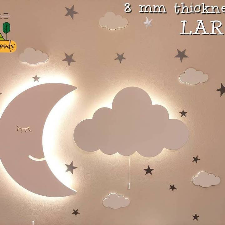Set van 2 wandlampen voor de kinderkamer/1 maan + 1 wolk voor wholesale door Happy Woody