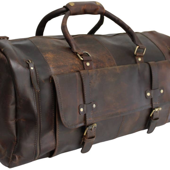 hide & chic - Wholesale Weekender bag – Unisex - Quality Full Grain Genuine Leather Travel Bag with Adjustable Shoulder Strap. FREE Leather Apple Air-tag Holder.7