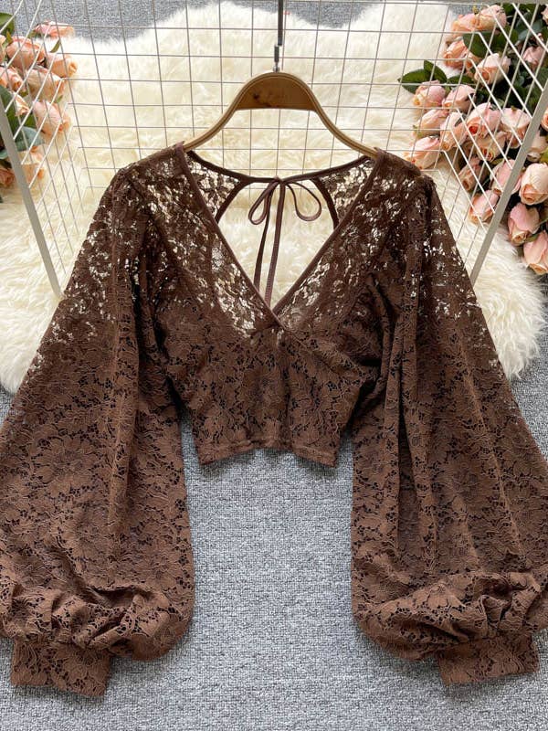 Floral lace Balloon Sleeves v-neck crop Blouse coverup top for wholesale by Rosa Clothing