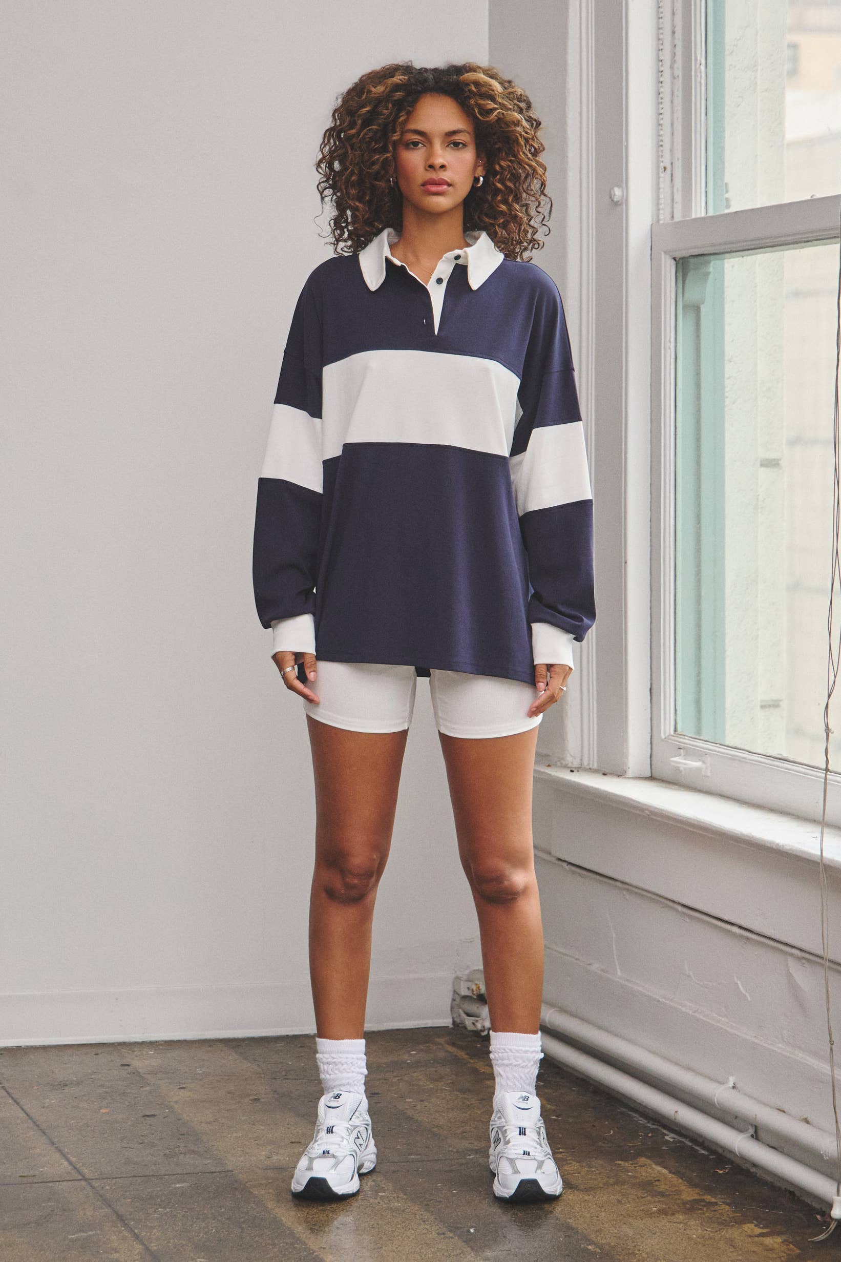 No Vacancy - Wholesale Lounge Set - Women's - Stripe rugby polo top & biker shorts set0