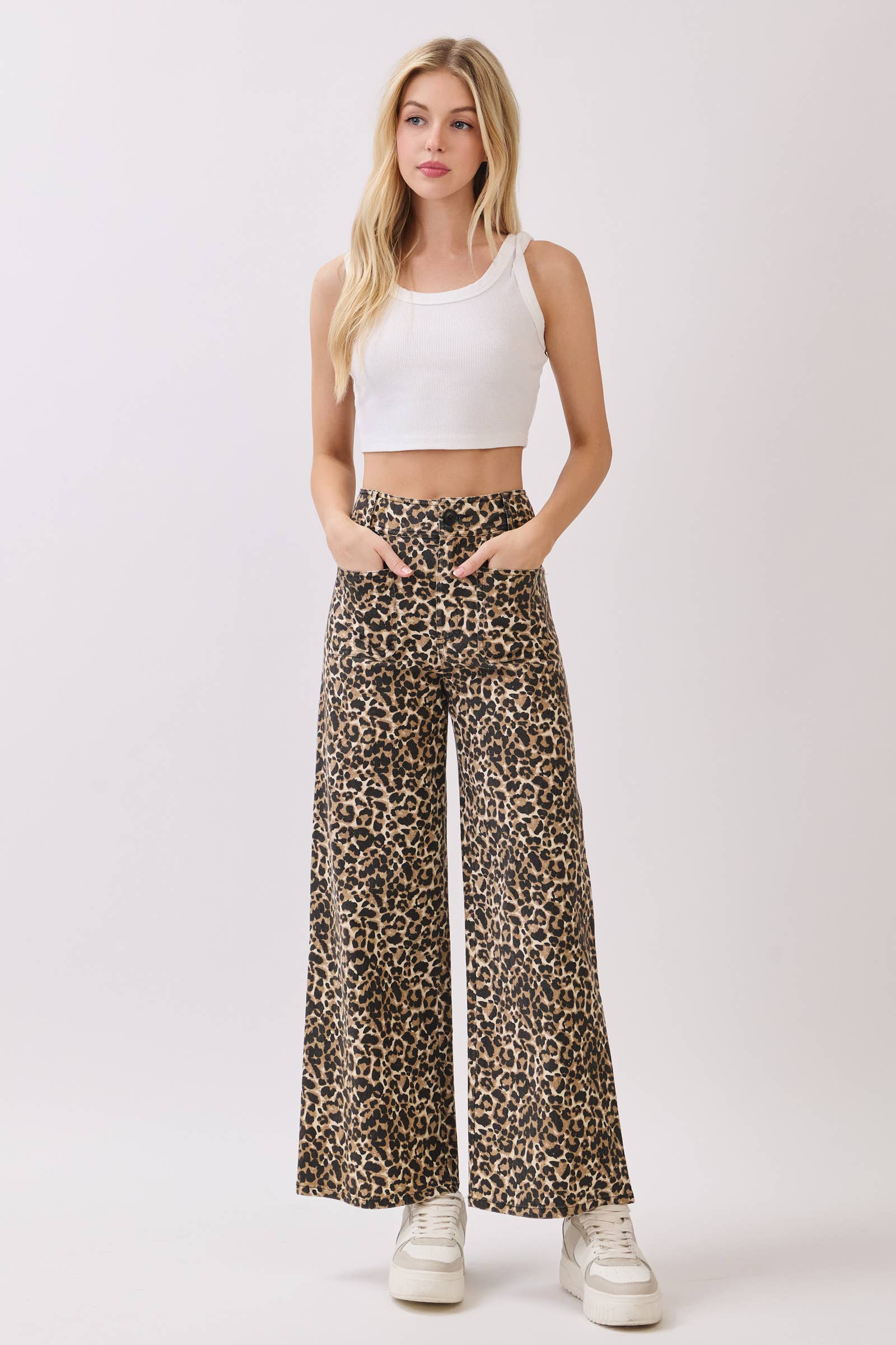 BROWN Stretch Twill Leopard Wide Leg Pants for wholesale on Faire4