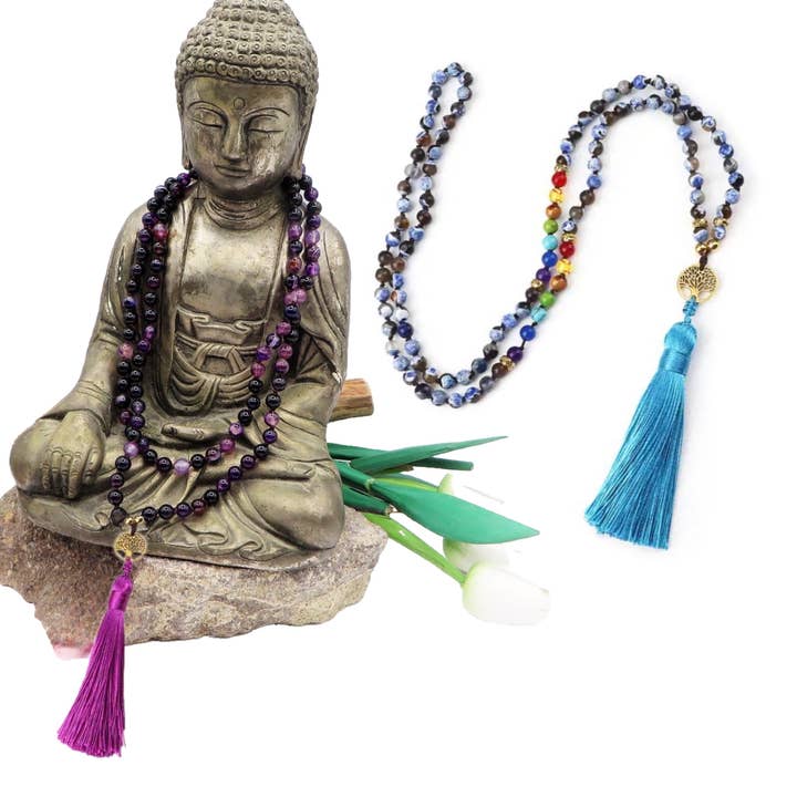 Atisha Spiritual Shop - Wholesale Beaded/Pearl Necklace - LHAMO ~ JAPAMALA 108 beads in FIRE AGATE, PURPLE AGATE AND MULTICOLOR STRIPED AGATE, LAPIS LAZULI AGATE6