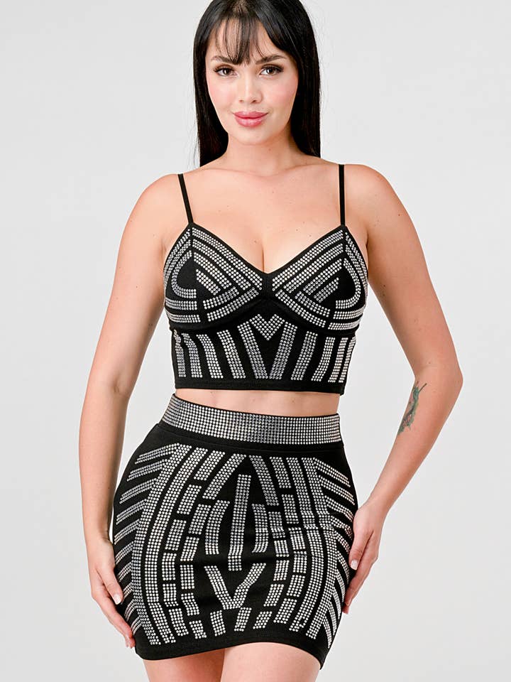 CREPE RHINETSTONE EMBELLISH TOP & MINI SKIRT SET for wholesale by PRIVY