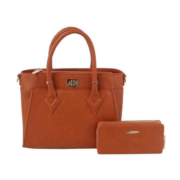 2 in 1 twist closure satchel bag and wallet set for wholesale by Handbag Factory Corp