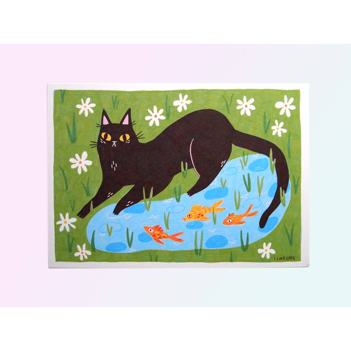Black Cat with Pond illustrated A5 art print for wholesale by I LIKE CATS