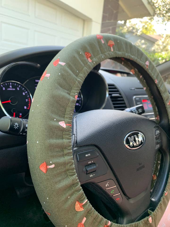 Handmade Green Mushroom Steering Wheel Cover, Car Accessory for wholesale by Moonshadow Caravan