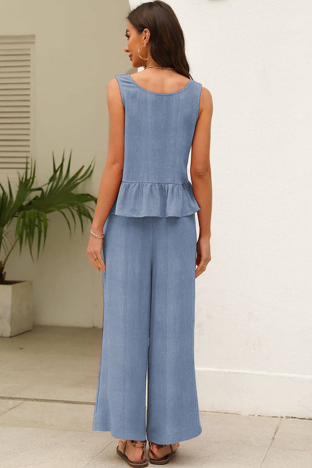 Beau Blue Solid Color Ribbed Ruffle Tank Top and Pants Set for wholesale on Faire1