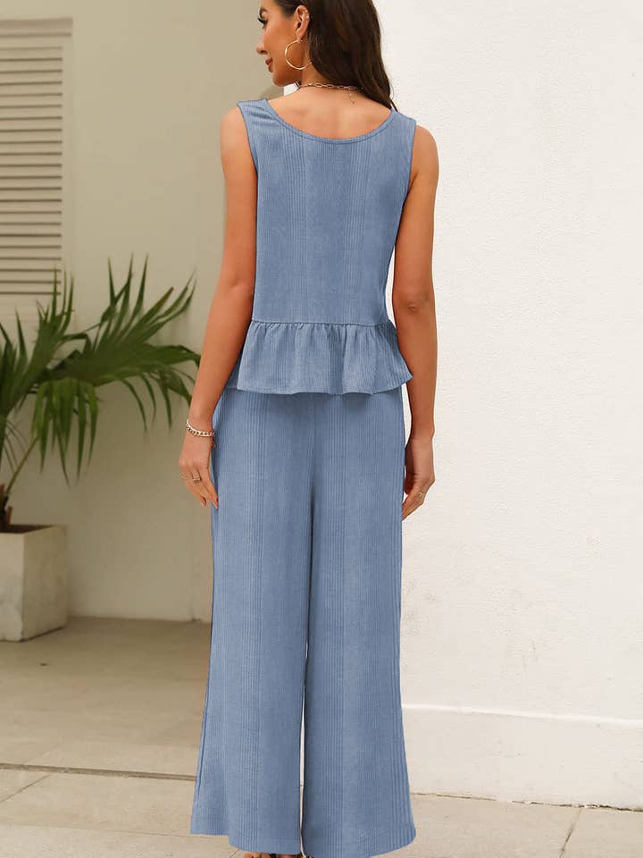 Beau Blue Solid Color Ribbed Ruffle Tank Top and Pants Set for wholesale on Faire1