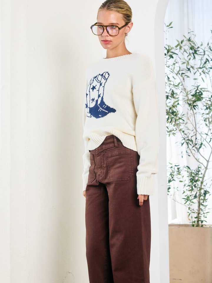 CREAM Western Boot Motif Sweater - RSW1091 for wholesale on Faire
