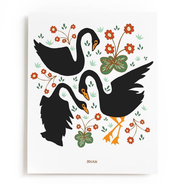 Impression d'art floral et cygne noir pour la vente par Peppercorn Paper