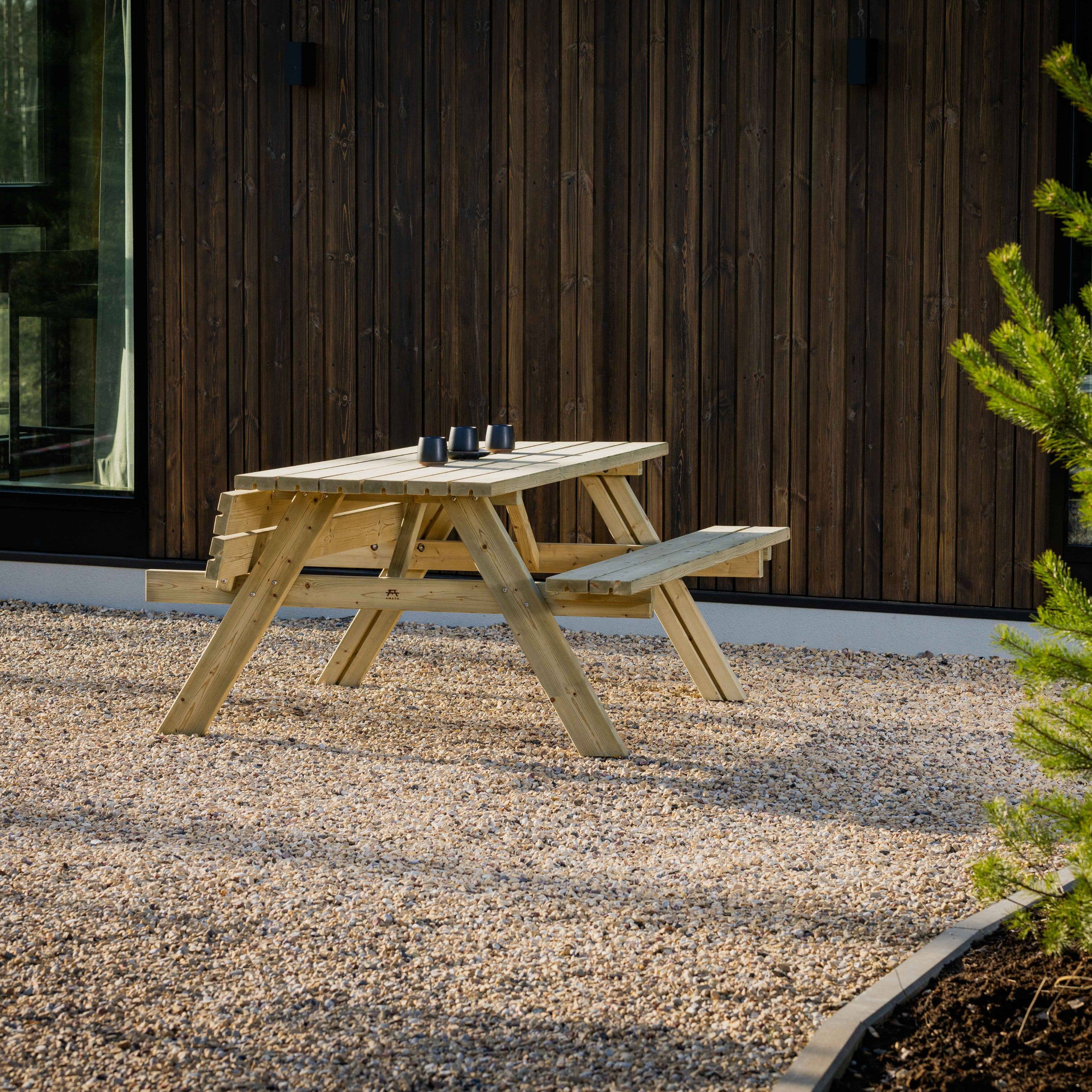 AMATA – Mesa de pátio por atacado – Conjunto de Mesa de Piquenique em Madeira com Bancos em A4