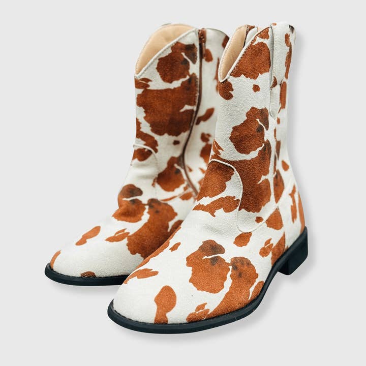 Bottes de cowboy brunes à imprimé de vache - Adultes et enfants pour la vente par ILTEX Apparel