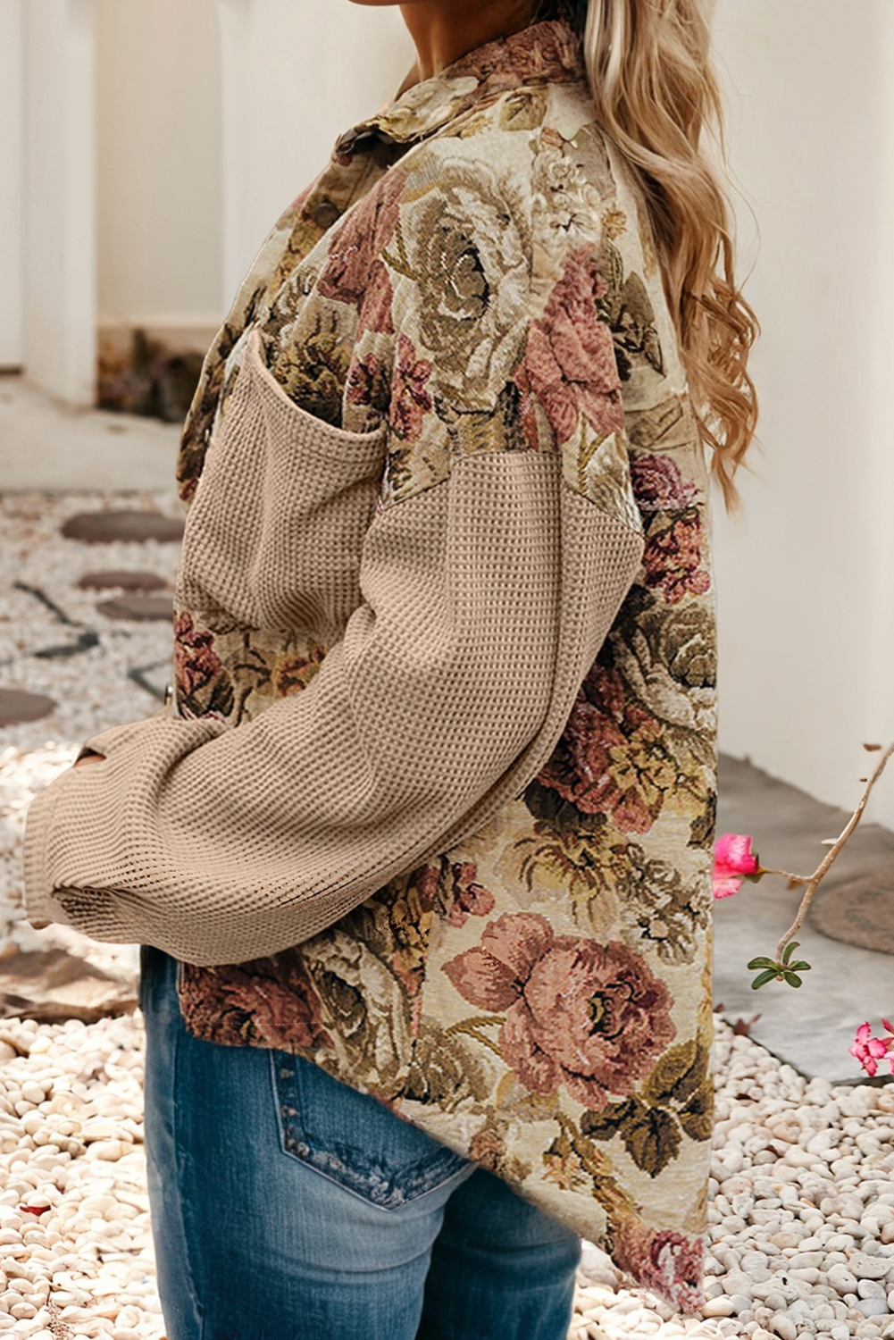 Khaki LDC Waffle Knit Patchwork Chest Pockets Buttoned Jacket for wholesale on Faire1