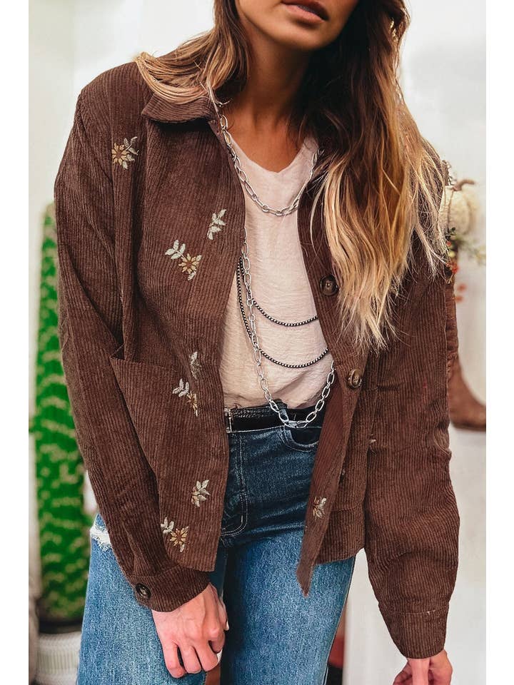 Coffee Floral Corduroy Embroidered Button-Front Jacket for wholesale on Faire3