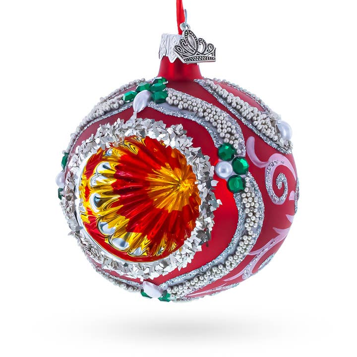 BestPysanky - Wholesale Ornament - Retro Style Red and Gold Reflector with Glitter, Gems & Indent Center Glass Christmas Ornament1