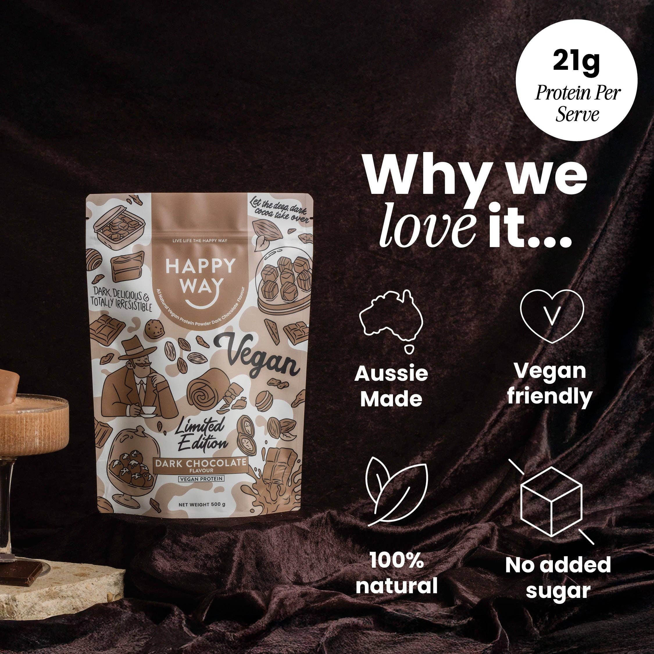 Happy Way - Wholesale Protein/superfood powder - Dark Chocolate Vegan Protein Powder 500g1