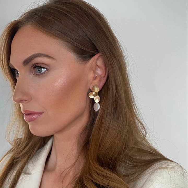 Nicholls Jewellery - Wholesale Dangle Earrings - Gold Folded Flower Pearl Earrings