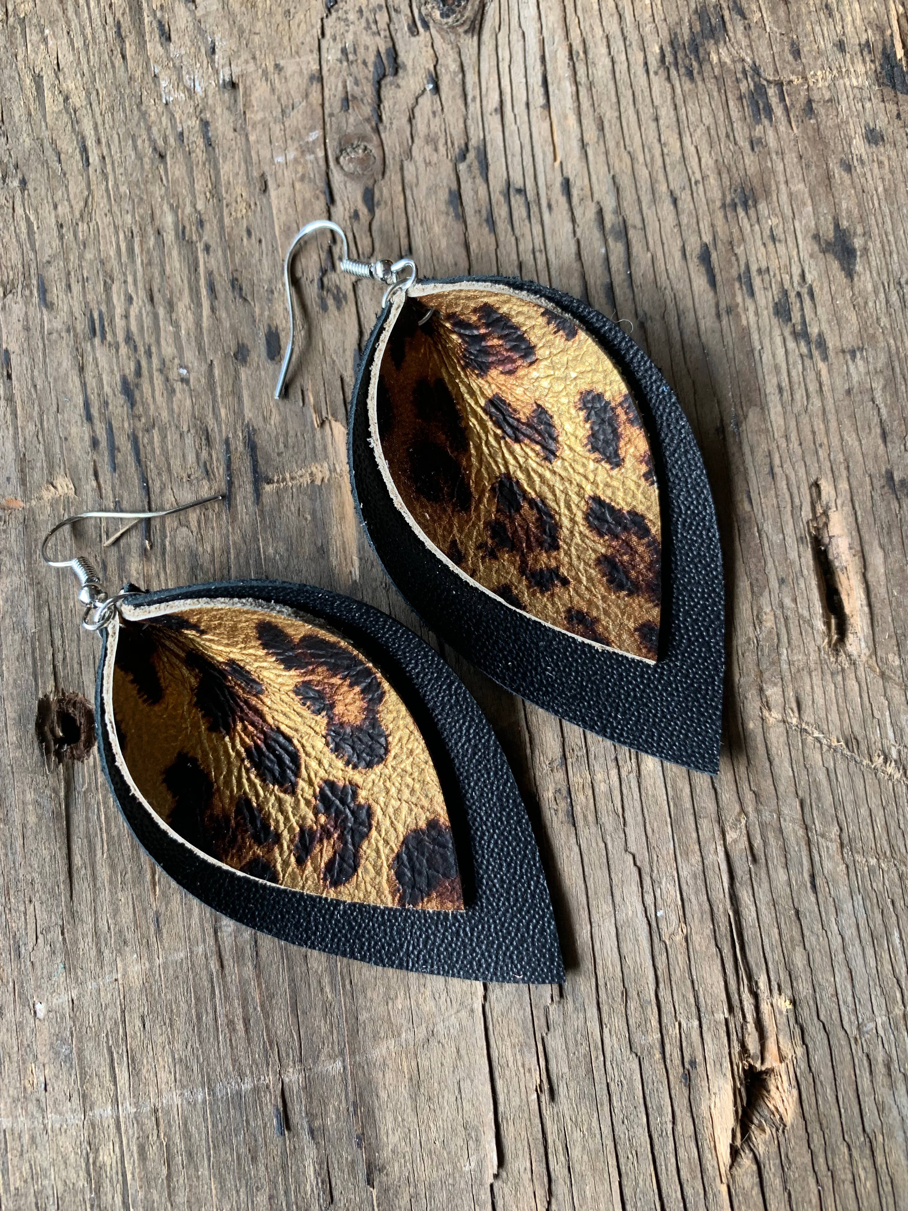 Jill's Jewels - Wholesale Dangle Earrings - Black and Gold Leopard Leather Earrings2