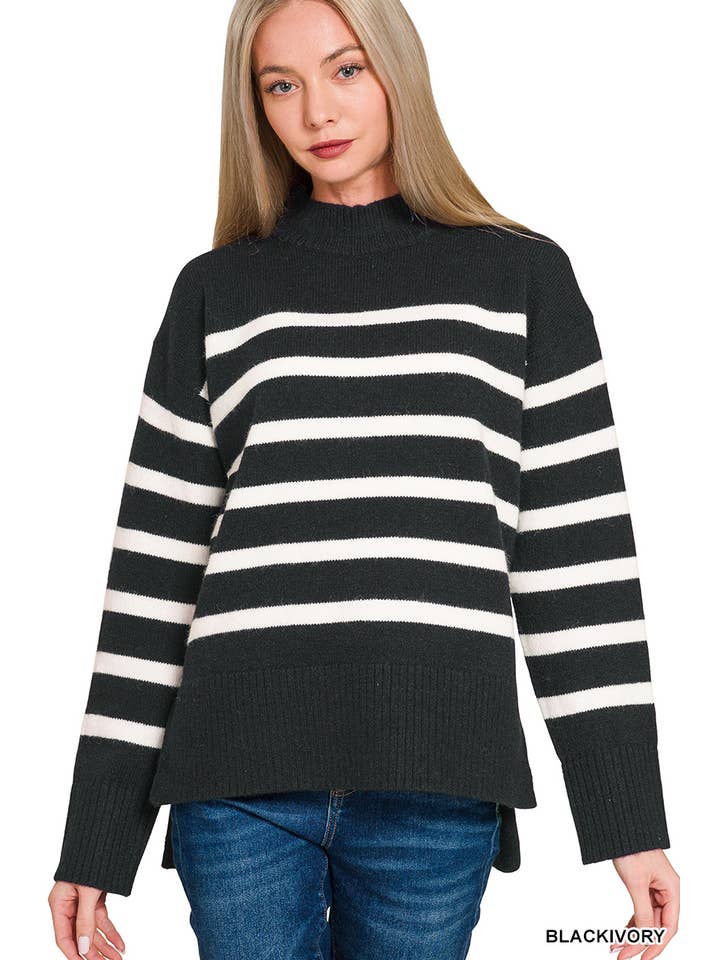 42POPS - Wholesale Knitted jumper – Women′s - 1015 Striped Mock Neck Sweater SI-28627