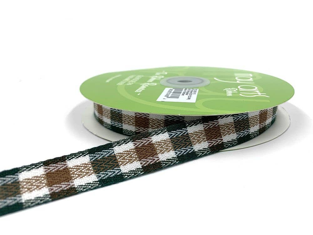 May Arts Ribbon - Wholesale Ribbon - Gift Wrapping - ~5/8" Green, Brown, White Woven Tartan Plaid Twill Ribbon0