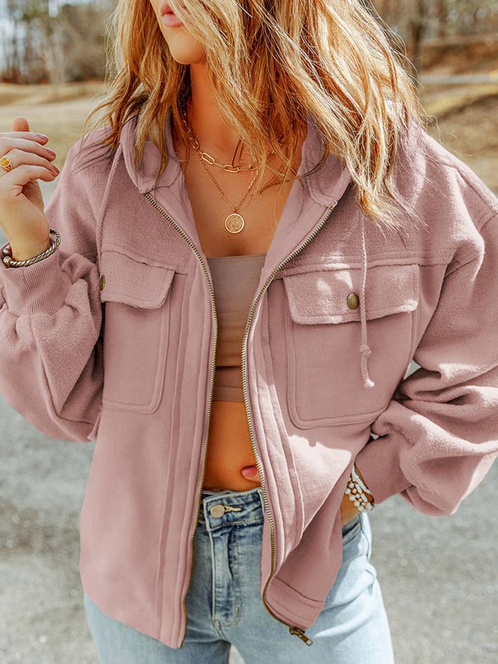 Flap Pocket Drawstring Hood Zip Up Jacket for wholesale by PartyEight