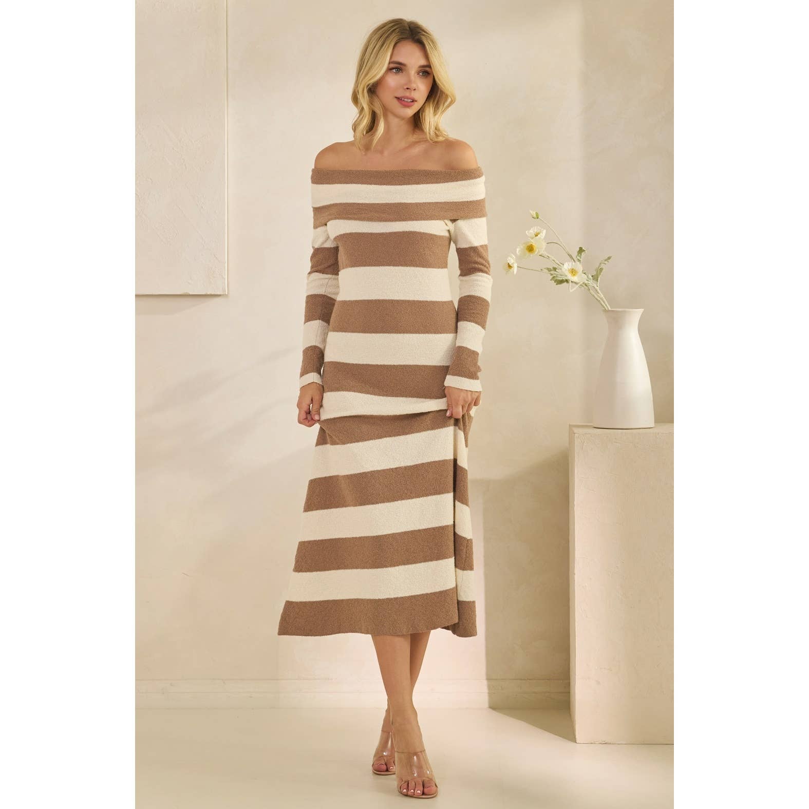 Veveret - Wholesale Dress - Women's - Texture Knit Off-Shoulder Wide Stripe Long Dress 4