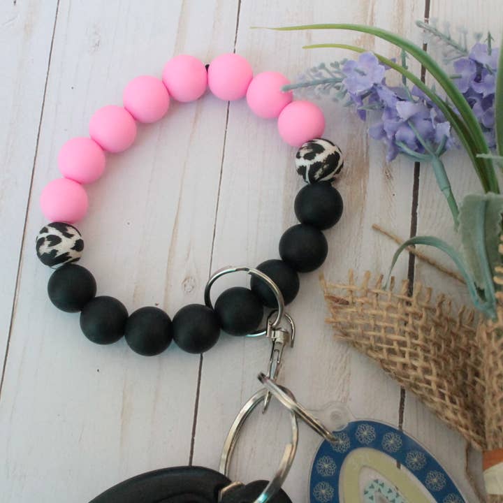 Hot Pink Leopard Silicone Beaded Wristlet for wholesale by Kaysticks.co