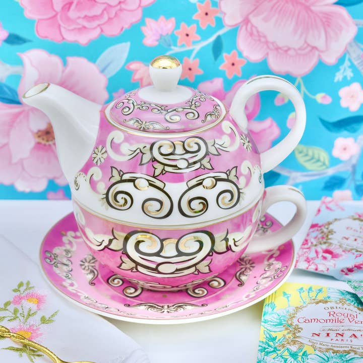 Tea for One. Regency Princess Pink, Silver scrolls on White for wholesale by All Little Cute Things