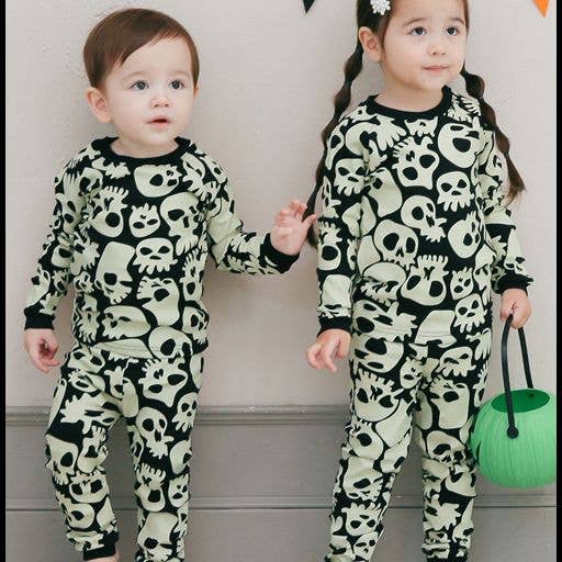 Black Skull Boom Halloween Cotton Long Sleeve PJs for wholesale on Faire3