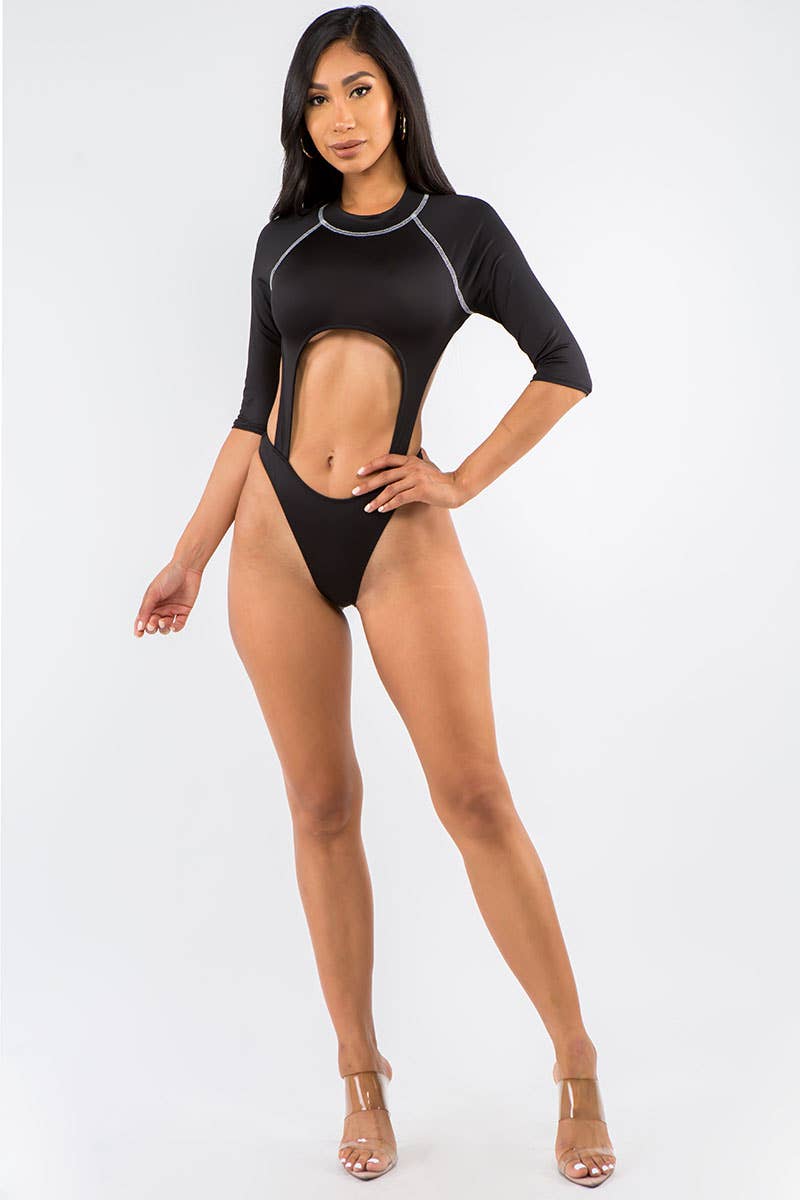 Black J6293 Open Back Half Sleeve Bodysuit for wholesale on Faire6