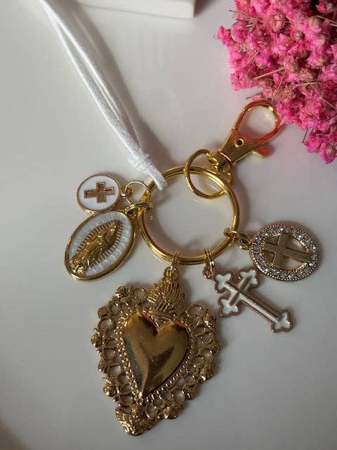 Miss DJ Angel - Wholesale Keychain - Women's - Virgin Mary keychain with sacred heart and cross, gift for virgin mother, miraculous medal virgin charm, ex-voto keychain1