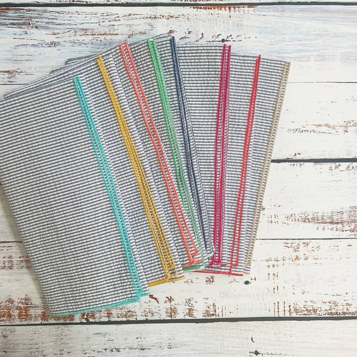 Dot and Army - Wholesale Dinner & Cloth Napkin - Grey Seersucker Cloth Napkins with Colorful Edges, set of 8