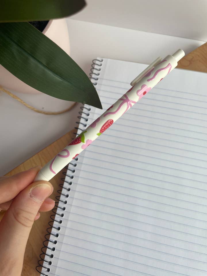 Pink Bows and Strawberries Black Ballpoint Pen for wholesale by DesignedbyKendal