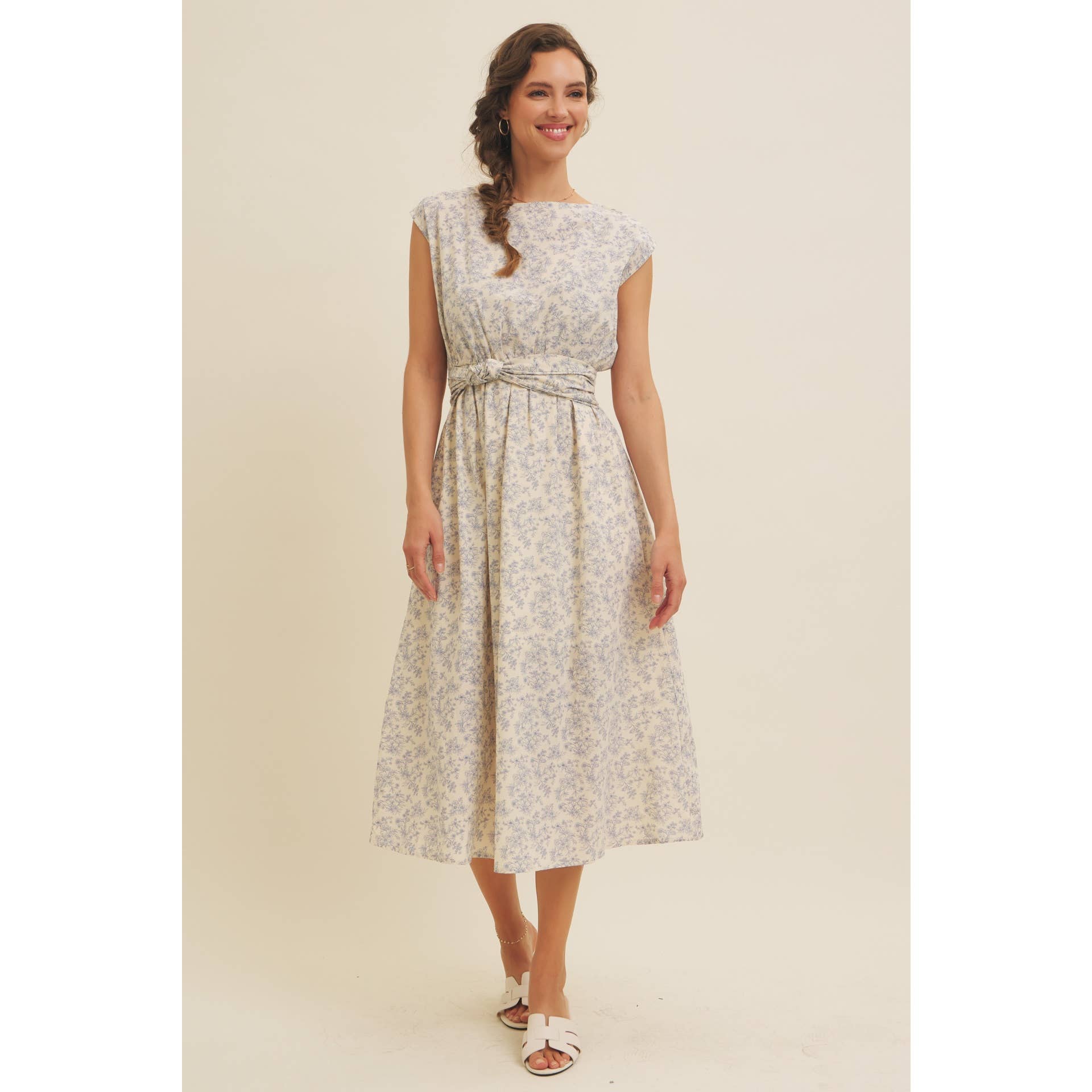 in february - Wholesale Dress - Women's - BOAT NECK PLEATED SLEEVELESS FLORAL MIDI DRESS12