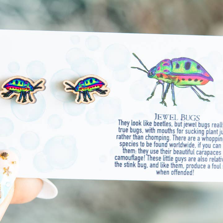 The Slug And Kraken - Wholesale Stud/Post Earrings - Jewel bug Wooden insect Earrings, Titanium Eco Studs