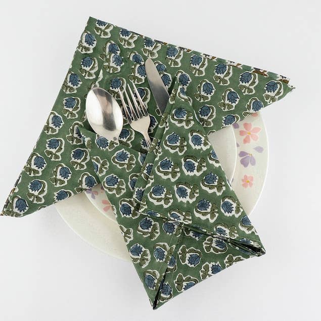 Fabricrush - Wholesale Dinner & Cloth Napkin - Basil Green, Peacock Blue Indian Floral Printed Napkins
