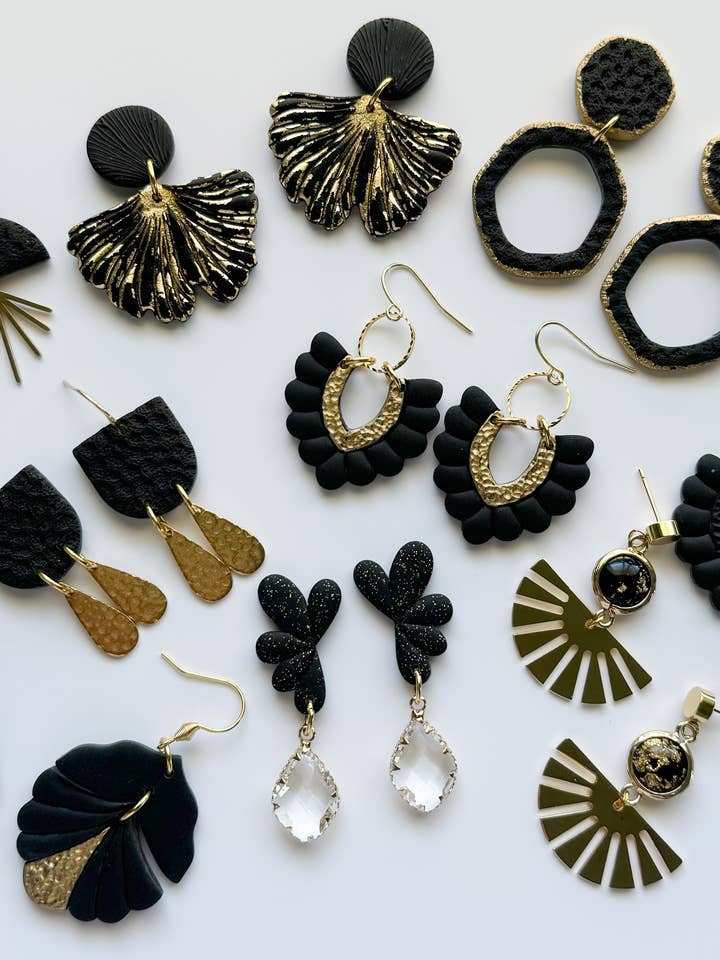 Black and gold clay earrings, elegant statement earrings for wholesale by Lotus of clay
