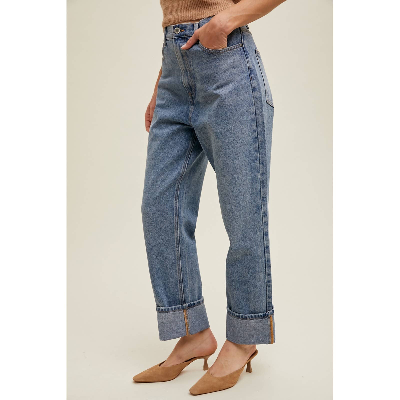 CUFFED BOYFRIEND DENIM PANTS / WL24-9485 for wholesale on Faire1