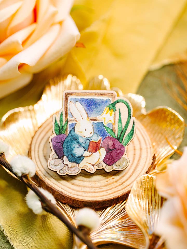Bunny's Reading Nook - 1.5" Wooden Pin for wholesale by Cottonbook