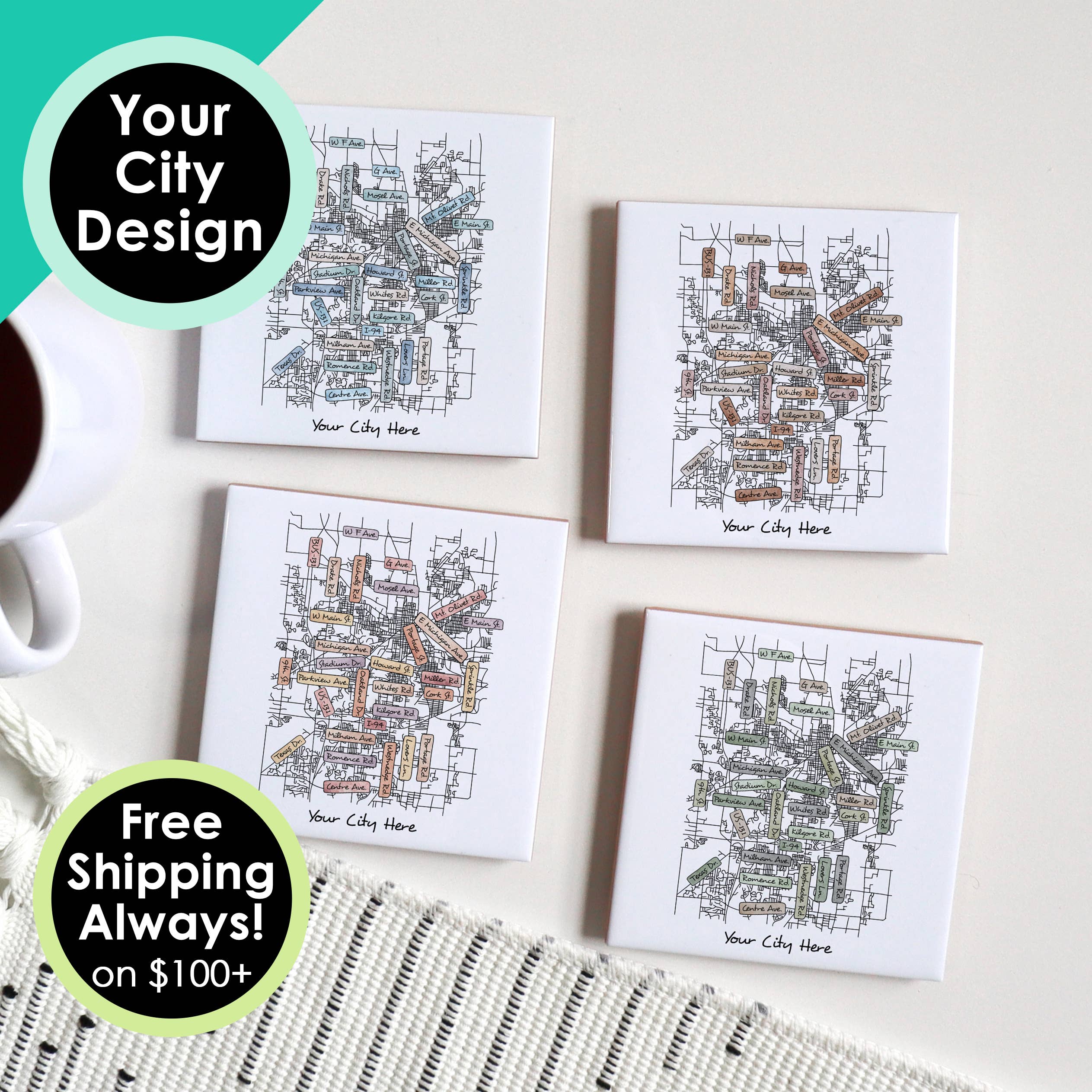 Street Names Map Coasters - Your City - Custom Order for wholesale by Sparks House Co.