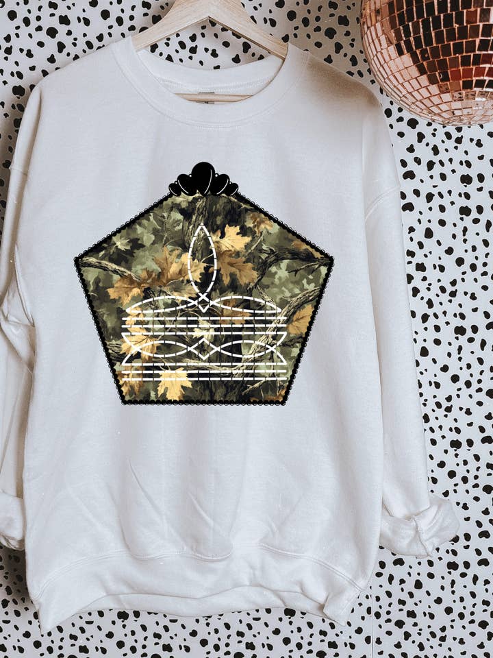 Camo Boot Stitch Tee or Crewneck for wholesale by Gunpowder and Glam Boutique